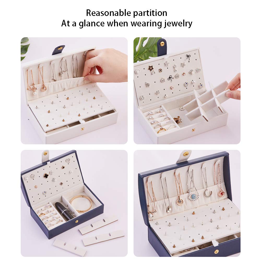 Fullgaden Jewelry Box,Necklace Ring Storage Organizer Double Layer Travel Synthetic Leather Jewel Cabinet Gift Case for Women, White