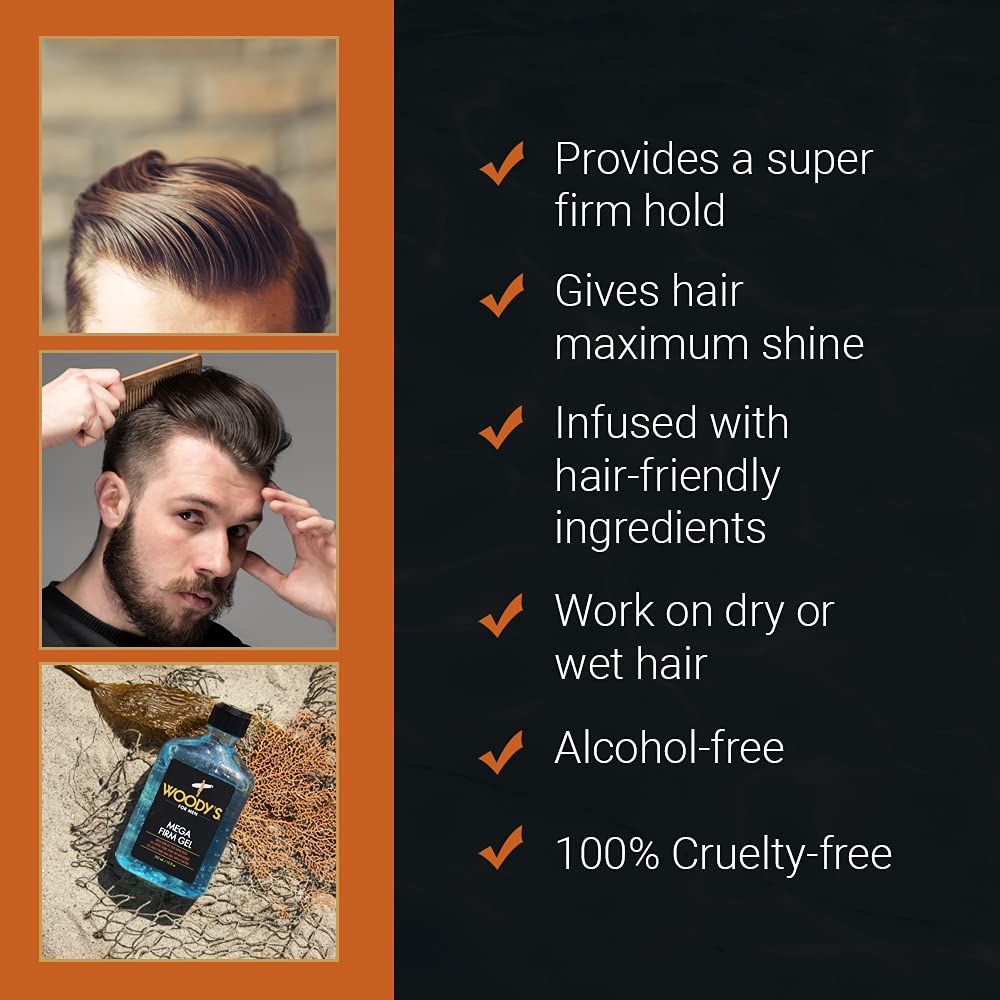Woody's Mega Firm Hair Gel for Men, Strong Hold, Alcohol-Free, No Flakes, Men's Hair Gel for Strong Hold Styling, Mens Styling Gel - 12 fl oz