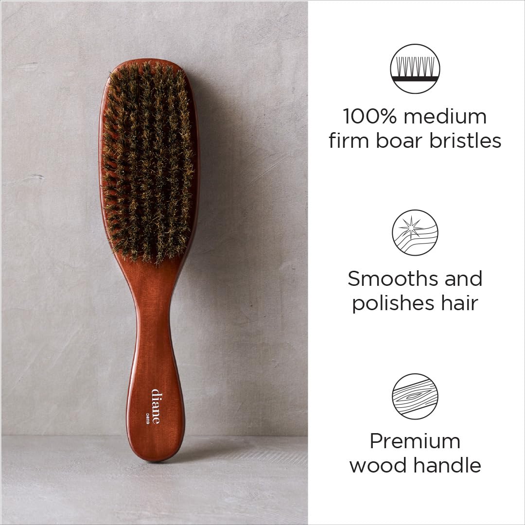 Diane Premium 100% Boar Wave Brush for Men and Barbers, Mens Hair Brush- Medium Bristles for Thick Coarse Hair - Use for Detangling, Smoothing, Wave
