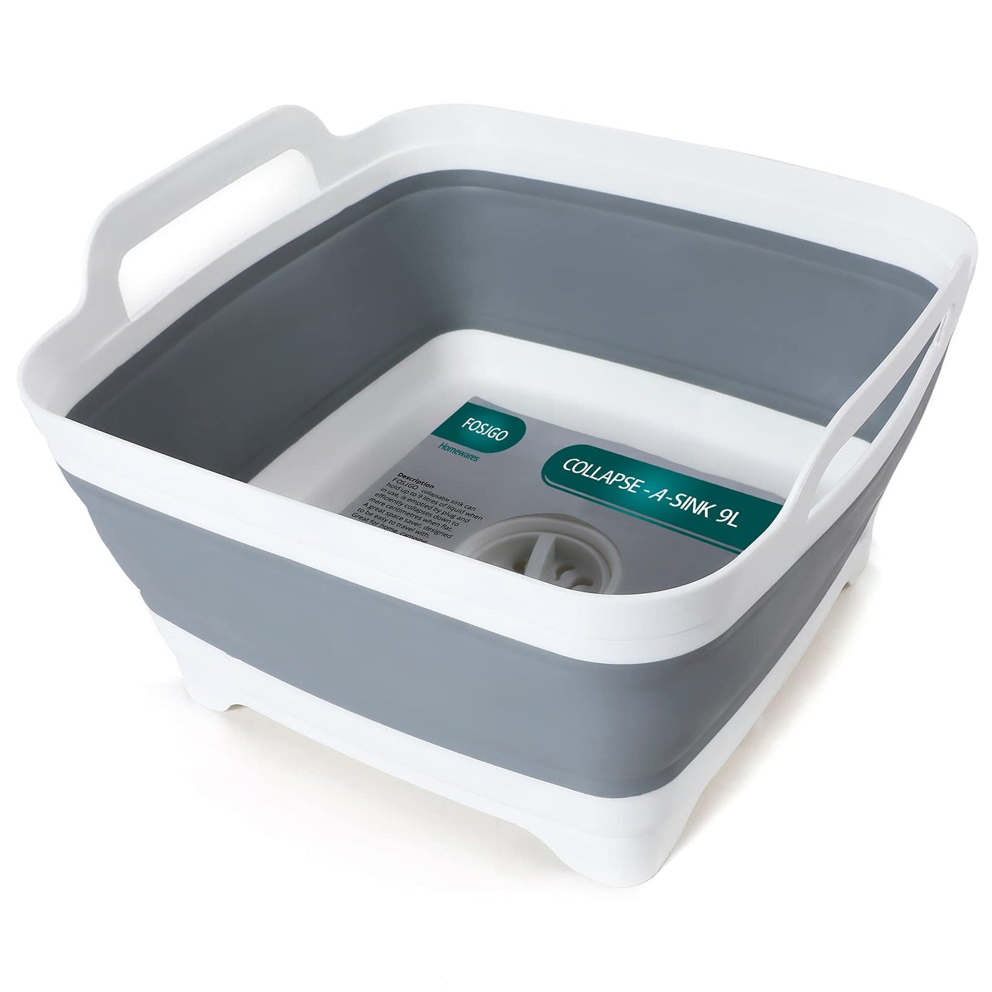 FOSJGO 2.4 Gal Collapsible Dish Basin with Drain Plug – Space-Saving Foldable Sink Tub for Camping, Dishwashing, Veggies & Beverages