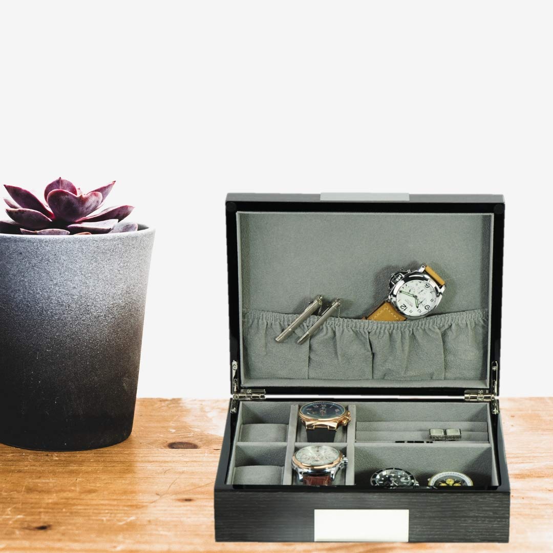Grey Ginko Lacquered Wood Watch Cufflink Case & Ring Storage Organizer Men's Jewelry Box Father's Day