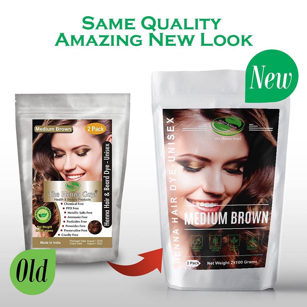 2 Packs Of Medium Brown Henna Hair & Beard Color/Dye 100 Grams - Natural Hair Color, Plant-based Hair Dye - The Henna Guys