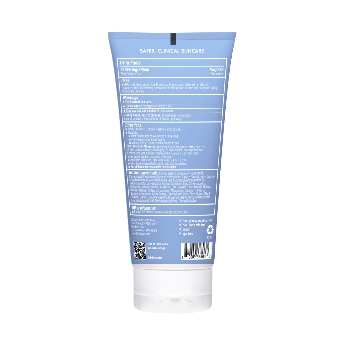 Thinksport SPF 50+ Mineral Sunscreen with Clear Zinc Oxide, 6 Fl Oz - Safe, Natural, Water Resistant, Broad Spectrum UVA/UVB Sun Screen for Sun