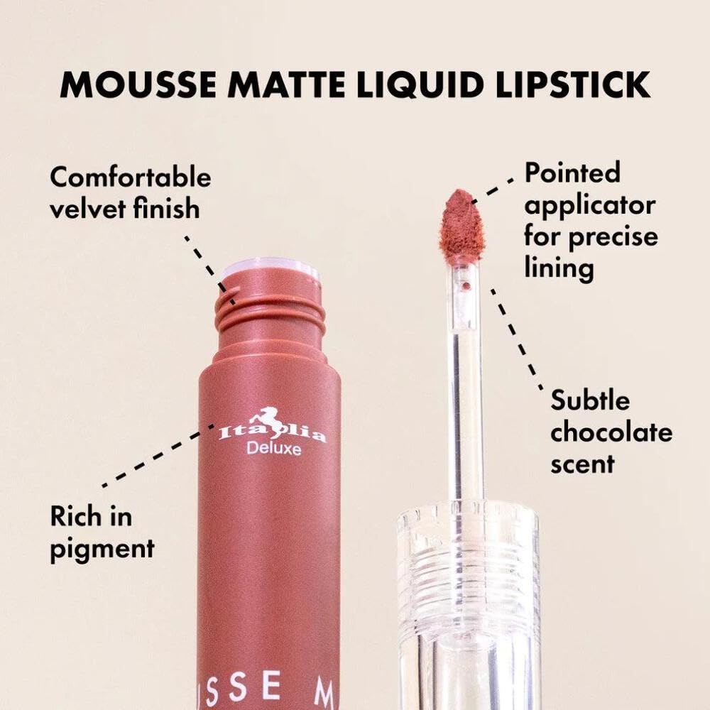 Italia Deluxe Pick 1 Mousse Matte Liquid Lipstick Comfortable Velvet Finish & Zipper Bag (190-01 : ALMOND, Full Size)