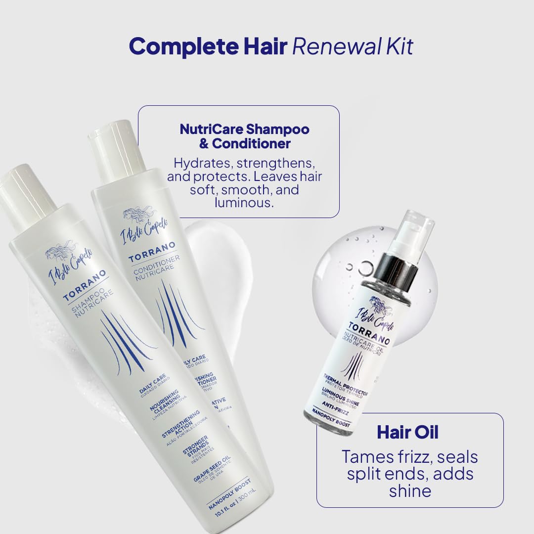 I Belli Capelli Torrano NutriCare Shampoo, Conditioner & Hair Oil Set - Strengthens, Nourishes & Moisturizes Dry, Damaged or Color-Treated Hair