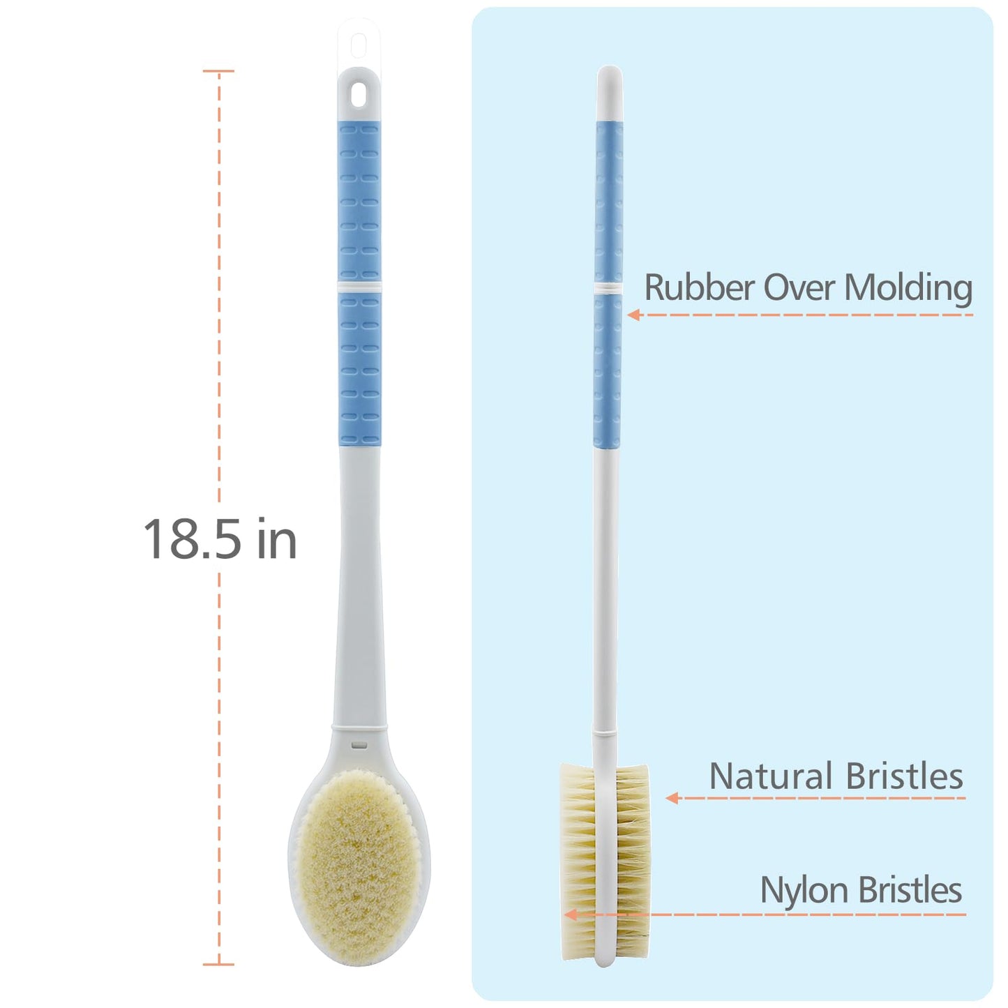 Shower Brush with Soft and Stiff Bristles,18.5" Long Handle Dual-Sided Back Scrubber Bath Brush Body Exfoliator for Wet or Dry Brushing (Long Handle)