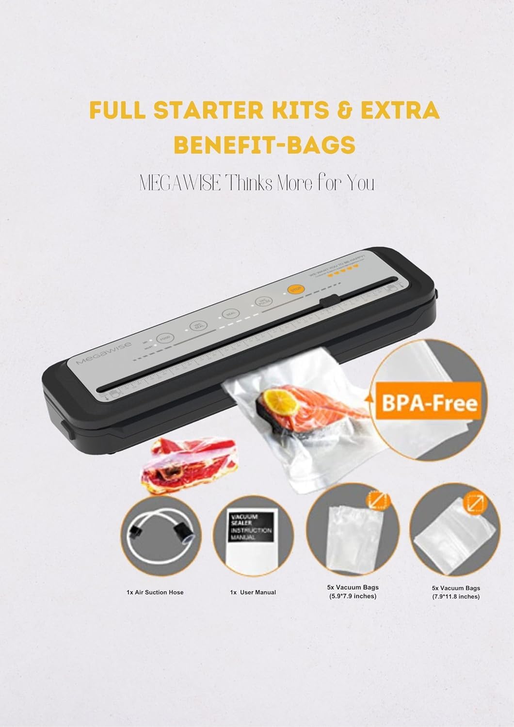 MEGAWISE 202309 Updated Model B w/ 4 Food Type/3 Bag Type Selection Food Vacuum Sealer Builtin Cutter for Fresh Saver of all food types moist, dry…