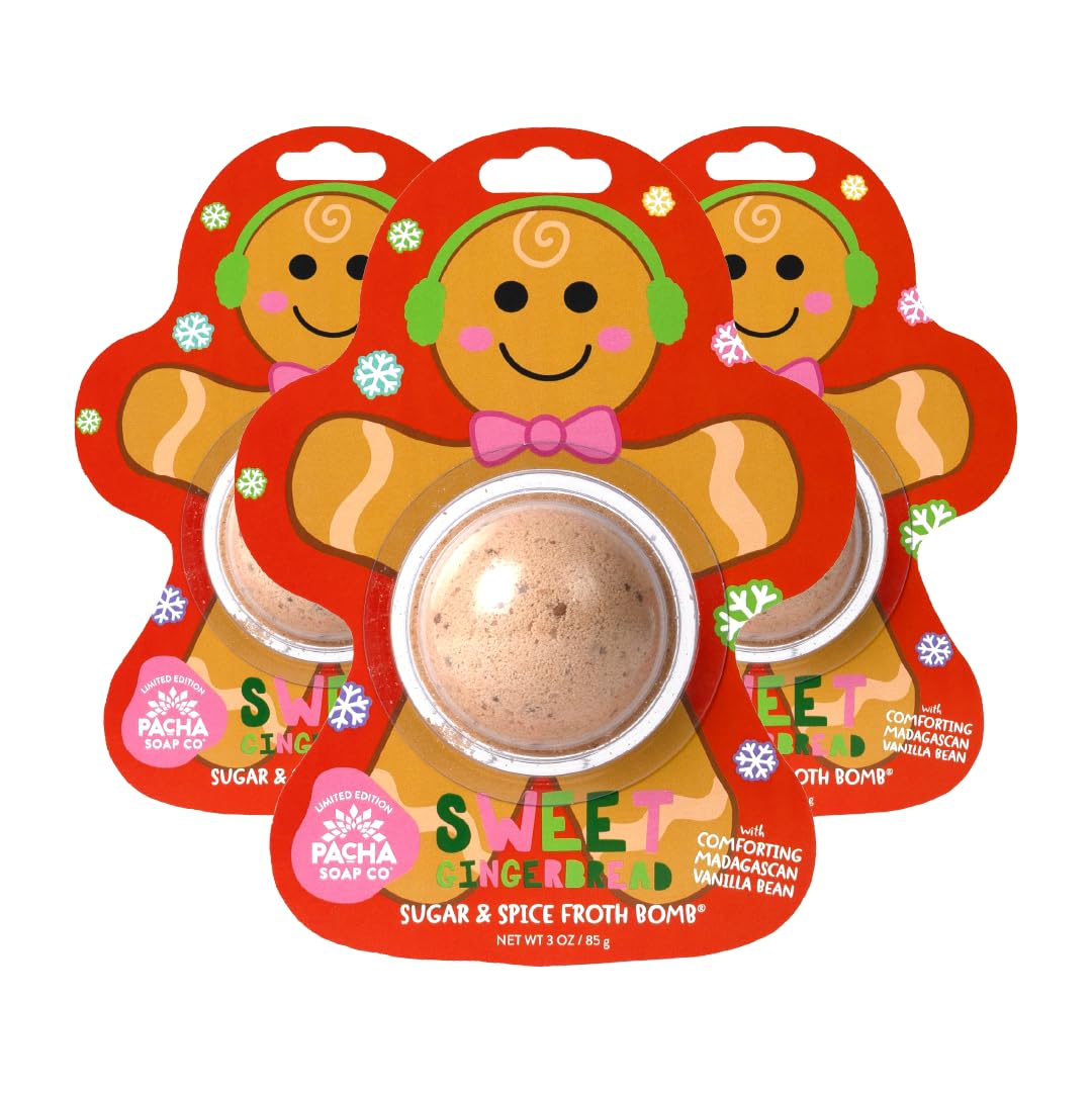 PACHA SOAP Co. Holiday Bath Bomb Card 3 Pack, Sweet Gingerbread - Scents of Sugar and Spice, Moisturizing, Naturally Derived & Handcrafted in The USA