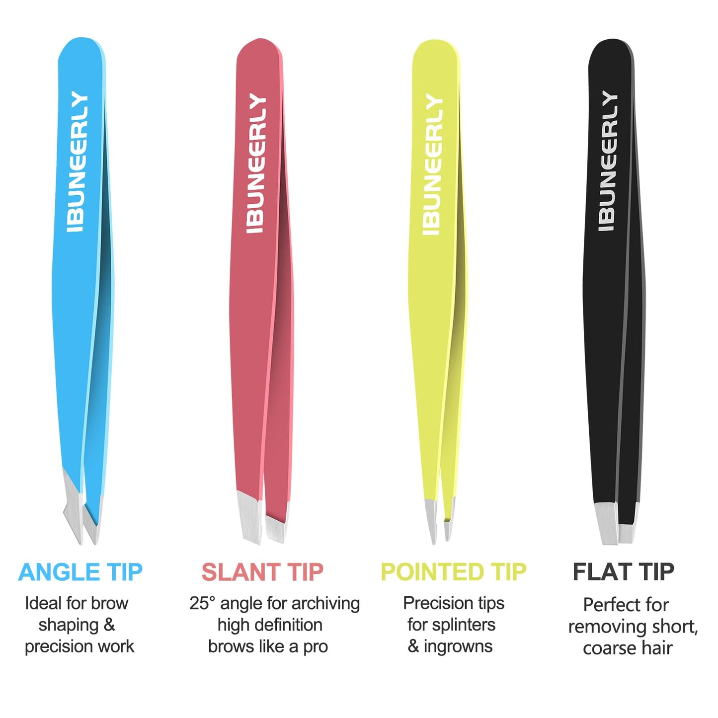 iBuneerly Eyebrows Tweezers Set, 4Pcs Stainless Steel Tweezers for Women with Travel Case, Great Precision for Ingrown Hair, Facial Hair and Splinter