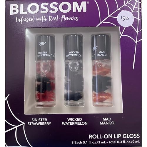 Blossom Scented Roll on Lip Gloss, Infused with Real Flowers, Made in USA, 0.3 fl. oz./9ml, 3 pack Mini Gift Set, Sinister Strawberry/Wicked