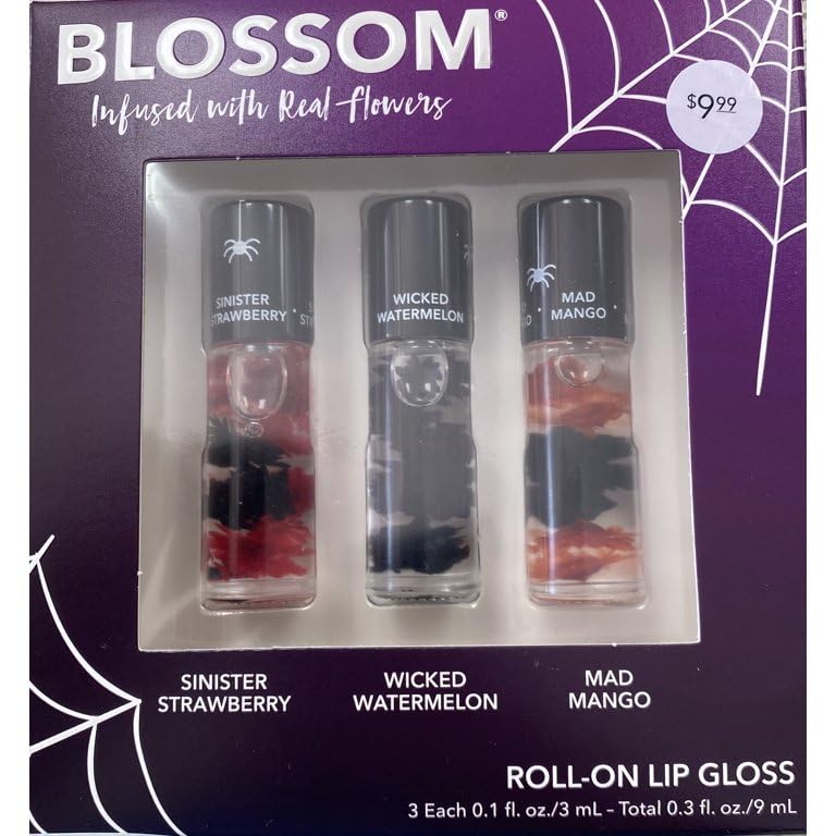 Blossom Scented Roll on Lip Gloss, Infused with Real Flowers, Made in USA, 0.3 fl. oz./9ml, 3 pack Mini Gift Set, Sinister Strawberry/Wicked