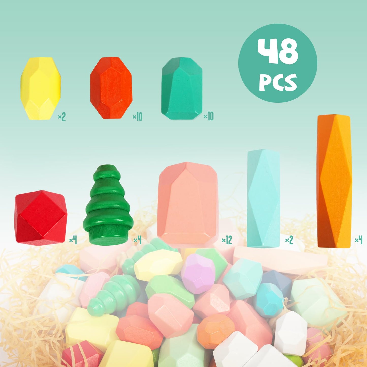 WOODENFUN 48pcs Wooden Stacking Rocks – Montessori Sensory STEM Building Blocks Game for Kids Ages 3-6, Educational Birthday Gift