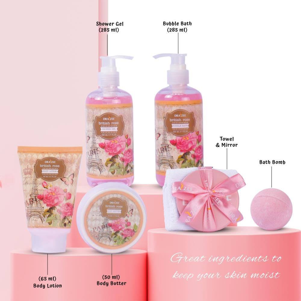 Gift Set for Women - 8 Pc Spa Gift Baskets for Women, British Rose Scented Heel Shoe Spa Basket, Luxury Bath and Body Set, Self Care Gift for Her or