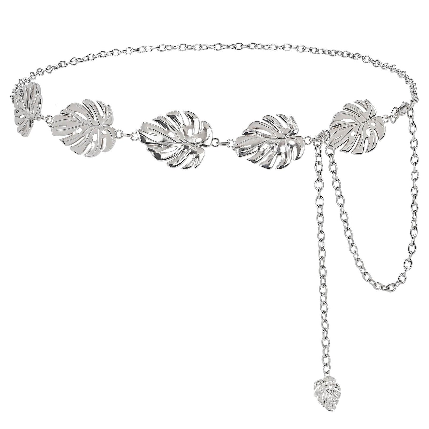 Monstera Leaf Silver Metal Western Chain Belt - Boho Fairy Witchy Body Jewelry for Women - Adjustable Waist Belt for Plant Moms, Ren Faire & Festival…