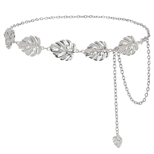 Monstera Leaf Silver Metal Western Chain Belt - Boho Fairy Witchy Body Jewelry for Women - Adjustable Waist Belt for Plant Moms, Ren Faire & Festival…