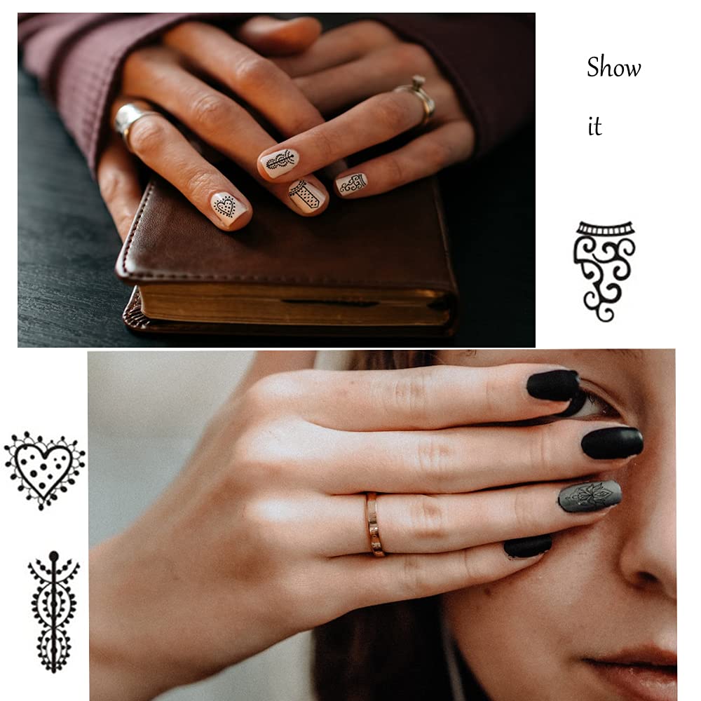 13 Sheets Black Nail Stickers Boho Retro Nail Decals Black Nail Tattoos Water Transfer Nail Decals Nails Supply Necklace Jewelry Feather Nail Design