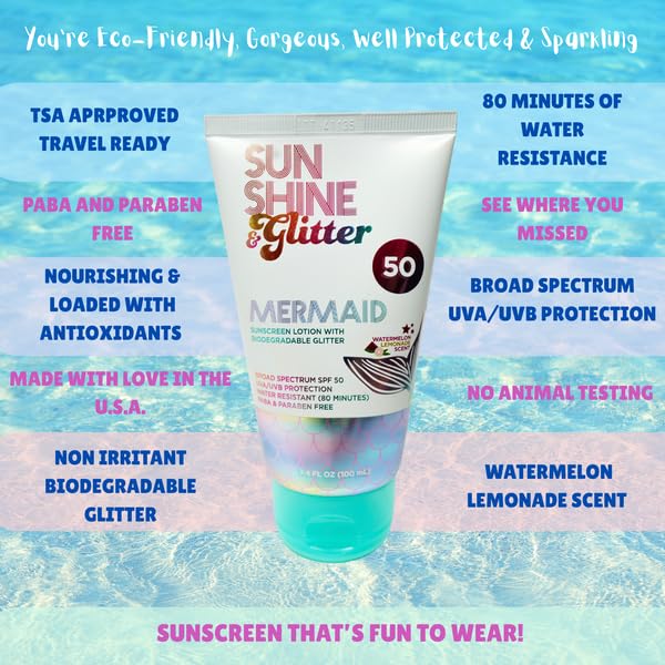 NEW! SUNSHINE & Glitter- Seastar Sparkle - Mermaid Watermelon Lemonade Scented Sunscreen lotion - SPF 50 - Biodegradable Glitter Sunscreen, Water