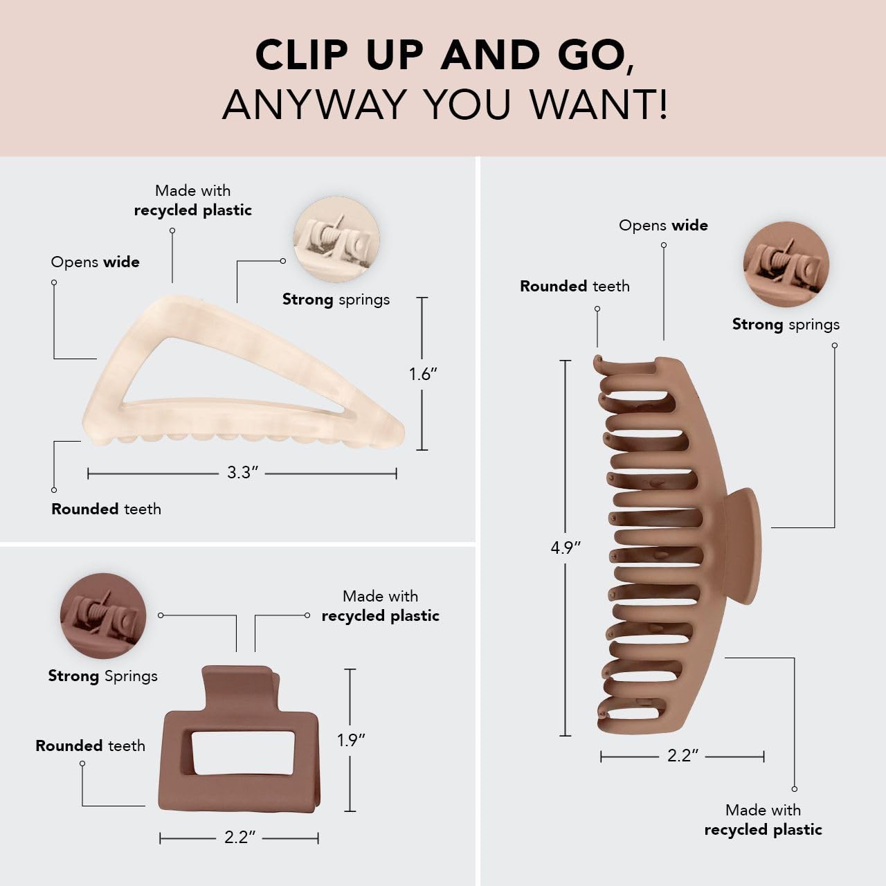 Kitsch Large Assorted Hair Clips for Women, Medium Open Shape Hair Claw Clips for Thick Hair, Small Open Shape Hair Clip & Big Claw Clip for Teen