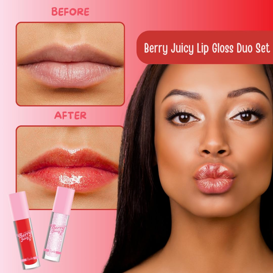 RUDE Cosmetics Berry Juicy Lip Gloss for Women, High Shine Lip Glosses Set, Moisturizing & Hydrating Lipgloss for Girls, Ideal for Day & Night Makeup
