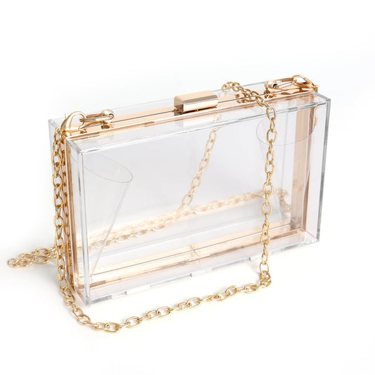 WJCD Women Clear Purse Acrylic Box Clutch Handbag, Small Transparent Crossbody Evening Bag Stadium Approved Gold Chain Strap (Gold)