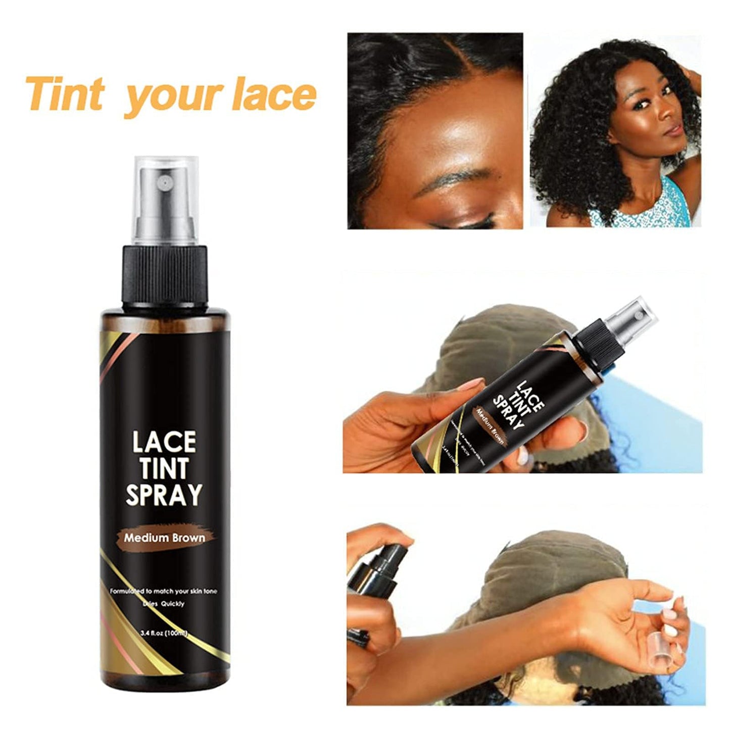 Lace Tint Spray for Wigs - Dark, Medium, and Light Brown Shades for Closures and Frontal Lace Wigs - 100ml