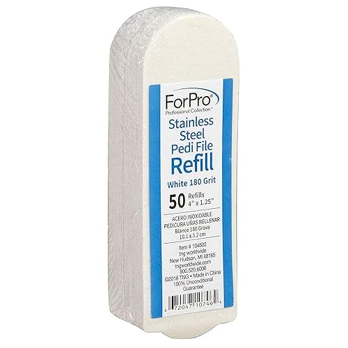 ForPro Professional Collection Stainless Steel Pedi File Refill, 180 Grit, White, EZ-Strip Peel Pedicure Refill Pads, 1.25” W x 4” L, 50-Count