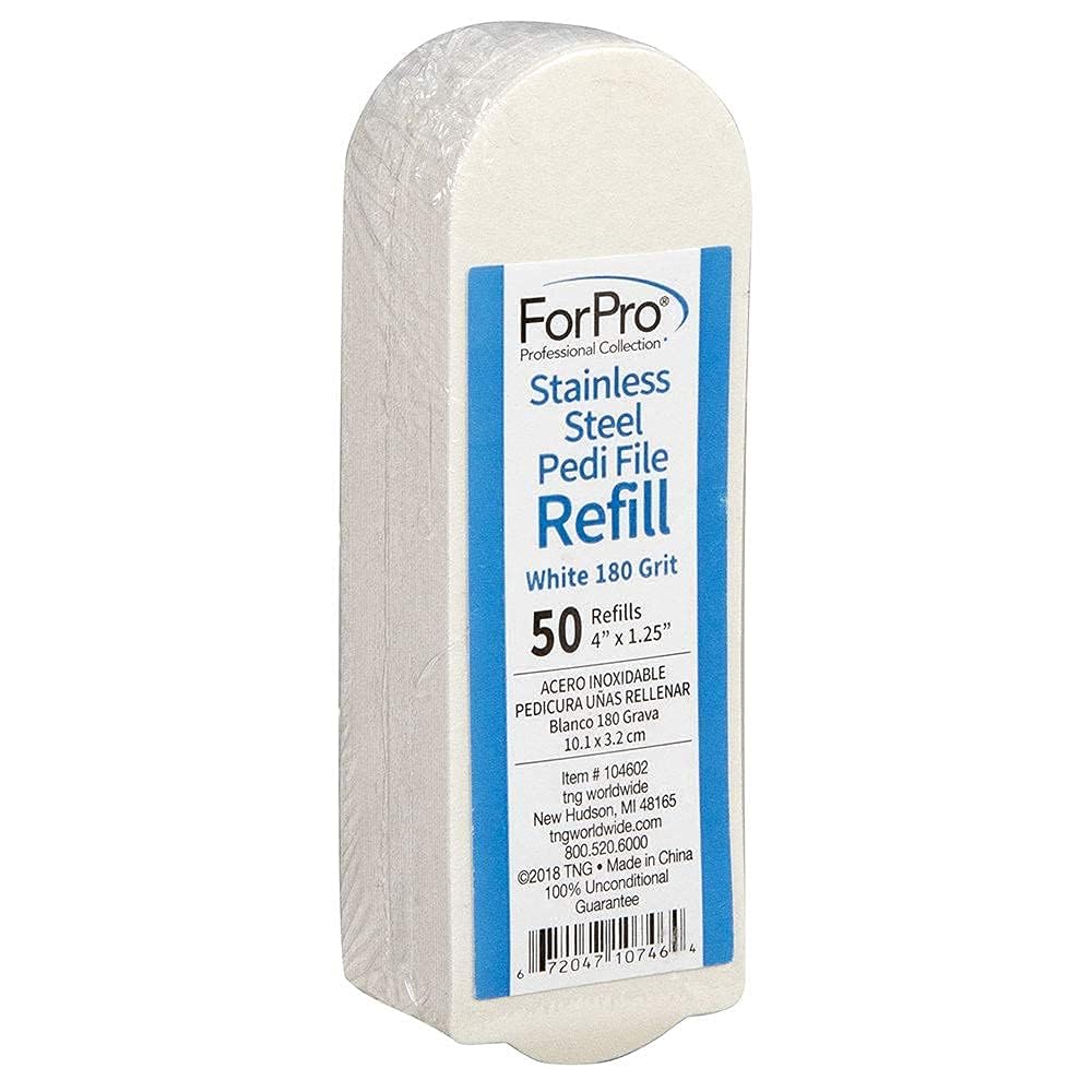 ForPro Professional Collection Stainless Steel Pedi File Refill, 180 Grit, White, EZ-Strip Peel Pedicure Refill Pads, 1.25” W x 4” L, 50-Count
