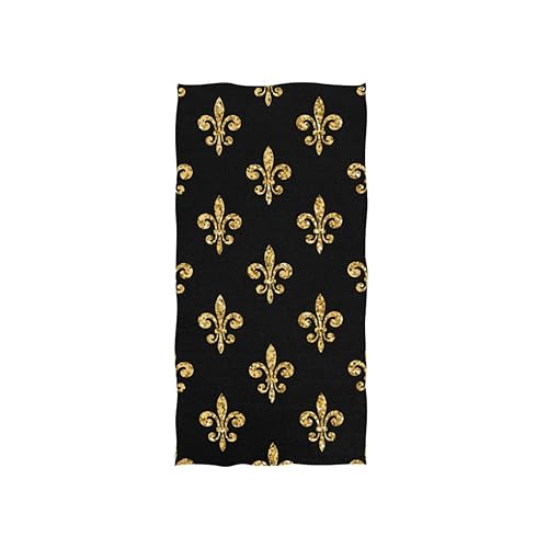 ZZAEO Golden Fleur-De-Lis Floral Black Towel Hand Towel, 30 x 15 inch Thin Lightweight Soft Absorbent Fingertip Towel for Home Bathroom Theme Decor