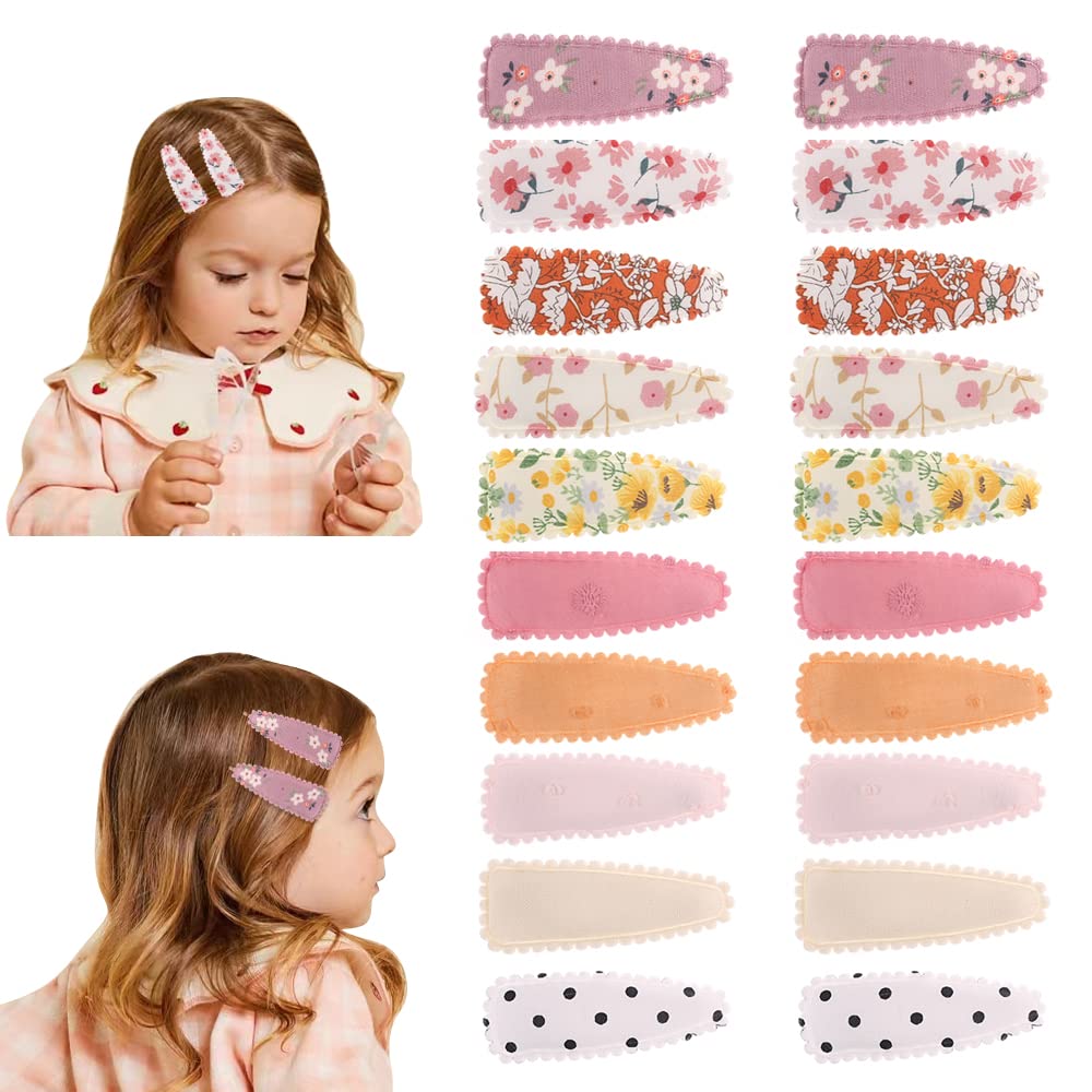 JIAHANG 20 Pcs Baby Girls Floral Print Hair Clips in Pair, Non Slip Hairpins Cotton Snap Hair Barrettes Thin Thick Hair Accessories for Toddlers