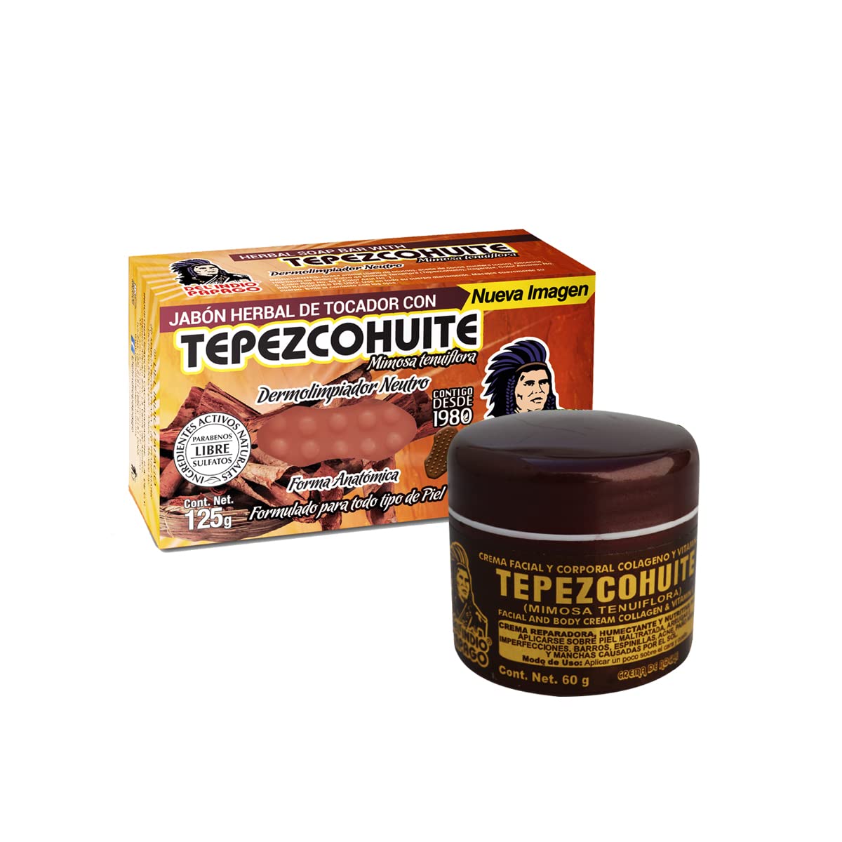 DEL INDIO PAPAGO Tepezcohuite Night Facial Skin Cream 60g / 2.02 Fl Oz + Neutral Soap with Tepezcohuite 125g - Mexican Beauty - For All Skin Types