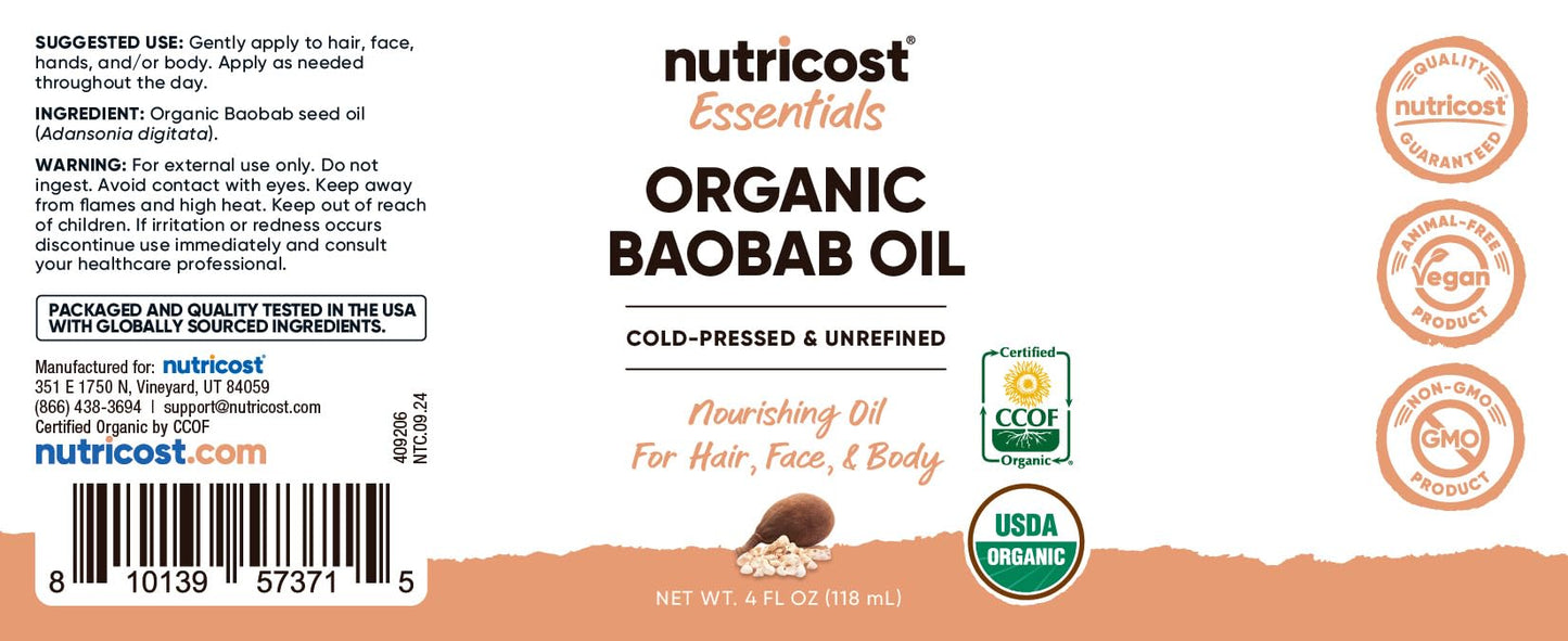 Nutricost Organic Baobab Oil (4 FL OZ) - Nourishing Oil For Hair, Face, & Body, Cold Pressed & Unrefined