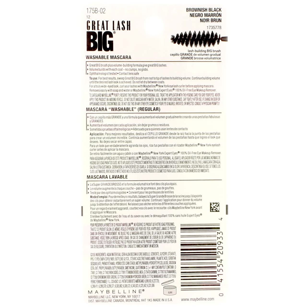 Maybelline New York Great Lash Big Washable Mascara, Brownish Black 132, 0.34 Fluid Ounce (Pack of 3)