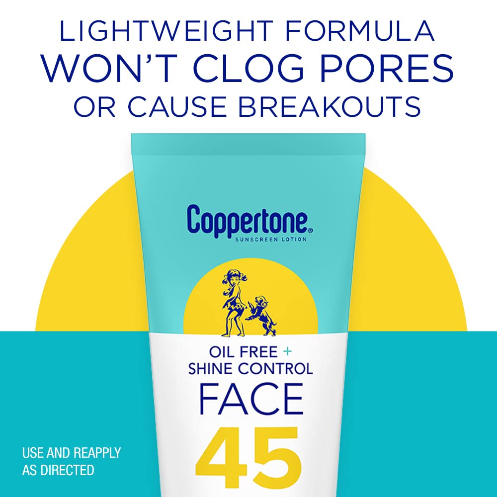 Coppertone Oil Free + Shine Control Sunscreen Face Lotion SPF 45, Lightweight Sunscreen for All Skin Tones, Won't Clog Pores, Fragrance Free, 2.5 Fl