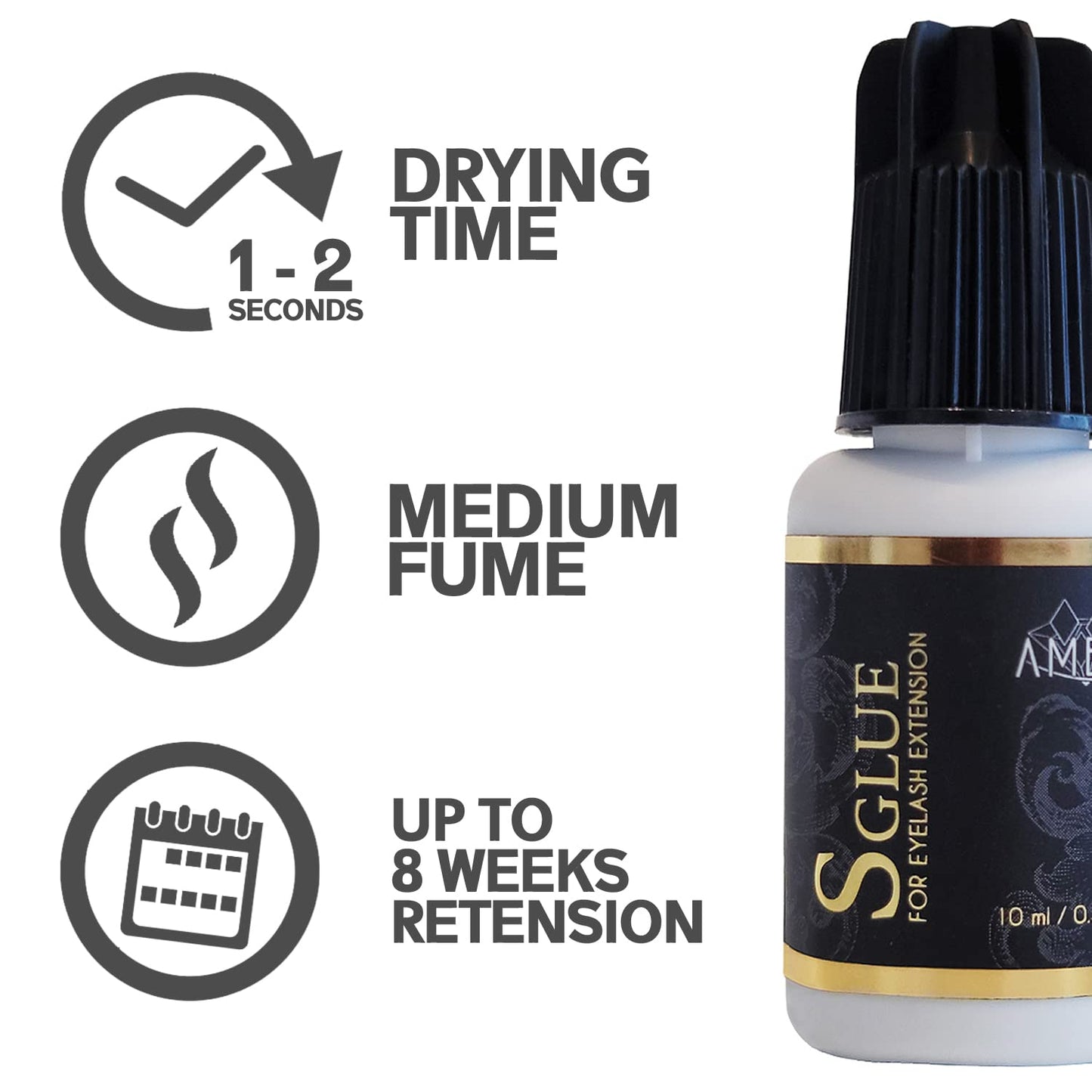 Amber Lash, S Glue 10ml for Professional Eyelash Extension, 1-Second Dry time, Up to 8 Weeks Bonding, Strong Strength, Carbon Black Adhesive for Salon