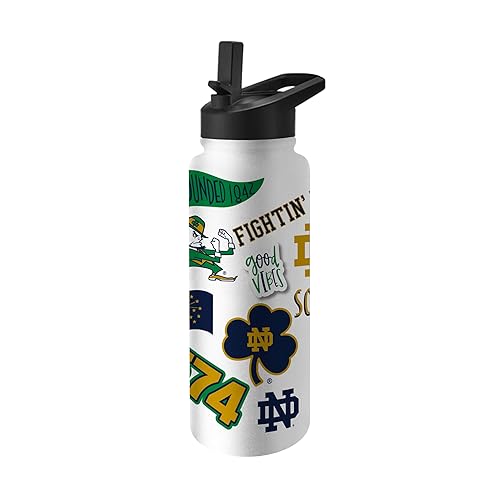Logo Brands NCAA Notre Dame Fighting Irish Native 34 oz Quencher Water Bottle -All-Over Campus & Local Icons Design, Double-Wall Insulated to Keep