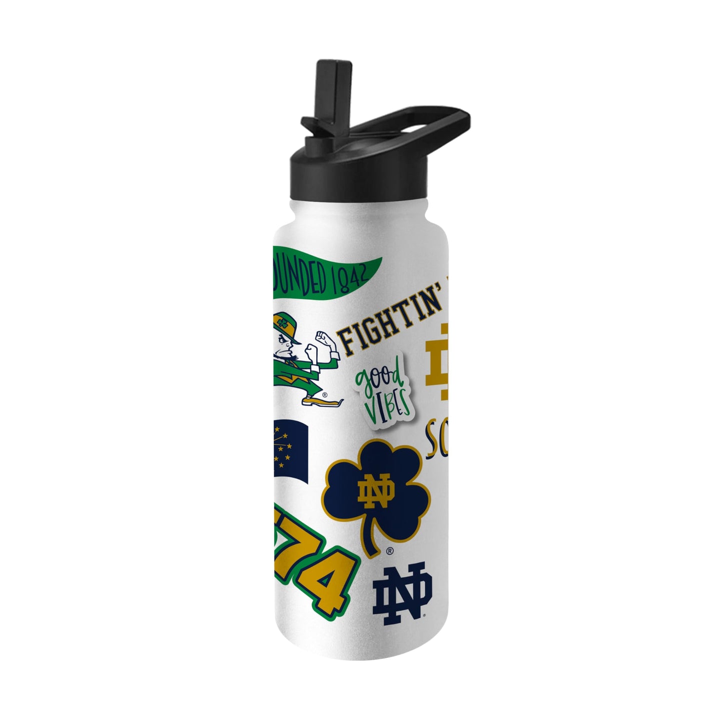 Logo Brands NCAA Notre Dame Fighting Irish Native 34 oz Quencher Water Bottle -All-Over Campus & Local Icons Design, Double-Wall Insulated to Keep