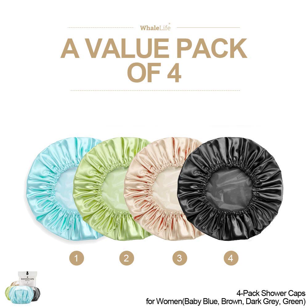 Shower Cap for Women Reusable Extra Large Shower Caps for Men Satin Double Layer EVA Waterproof Long Hair Caps(Baby Blue, Brown, Dark Grey, Green 4
