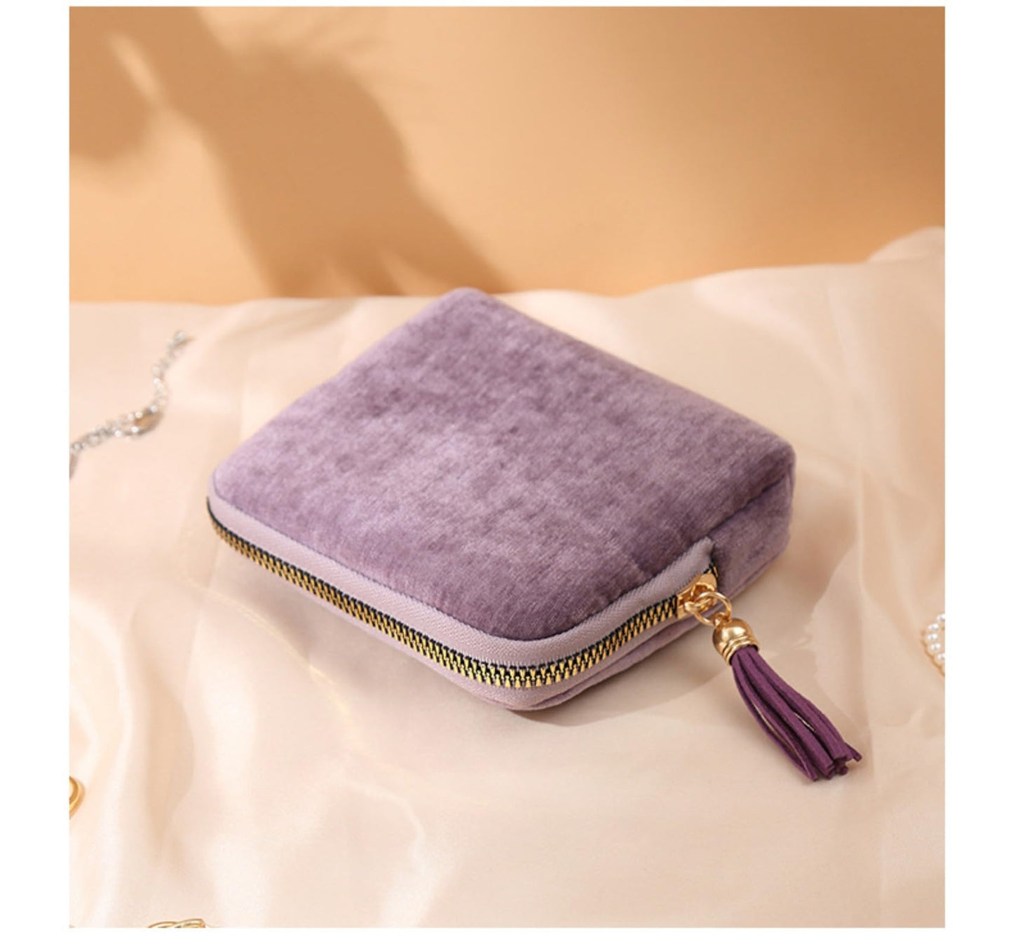 Dybag Velvet Jewelry Travel Case, Portable Fringed Zipper Pouch for Ring & Necklace Organizer, 8 Colors (purple)