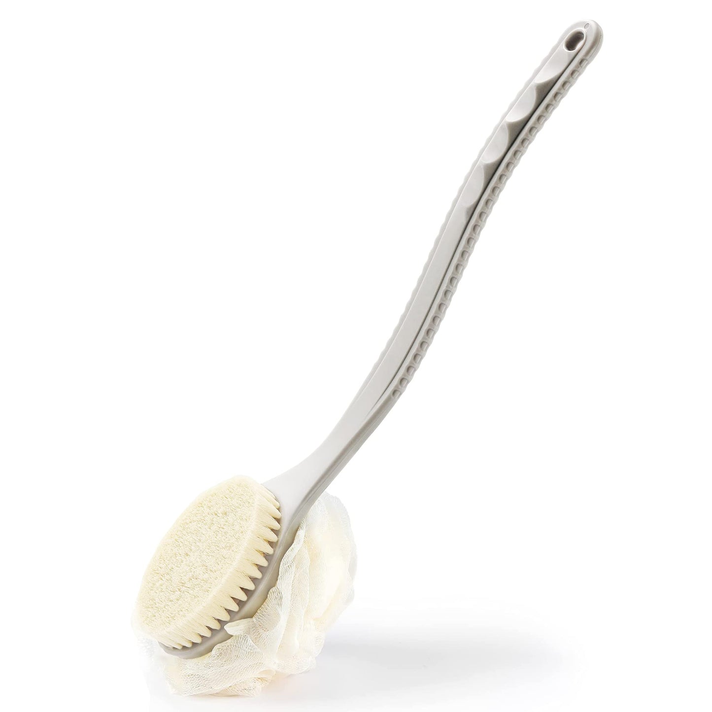 Shower Body Brush with Bristles and Loofah,Back Scrubber Bath Mesh Sponge with Curved Long Handle for Skin Exfoliating Bath, Massage Bristles Suitable