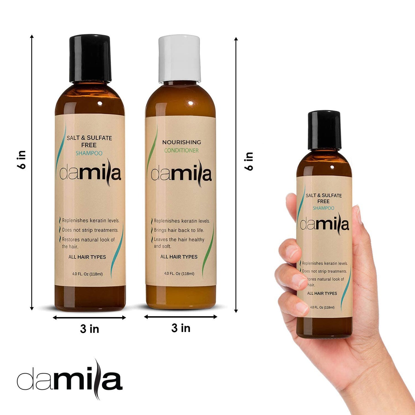 Damila Salt & Sulfate Free Shampoo & Conditioner for Keratin and Color Treated Hair - Professional Keratin Value Pack for Damaged, Frizzy, Curly, Dry