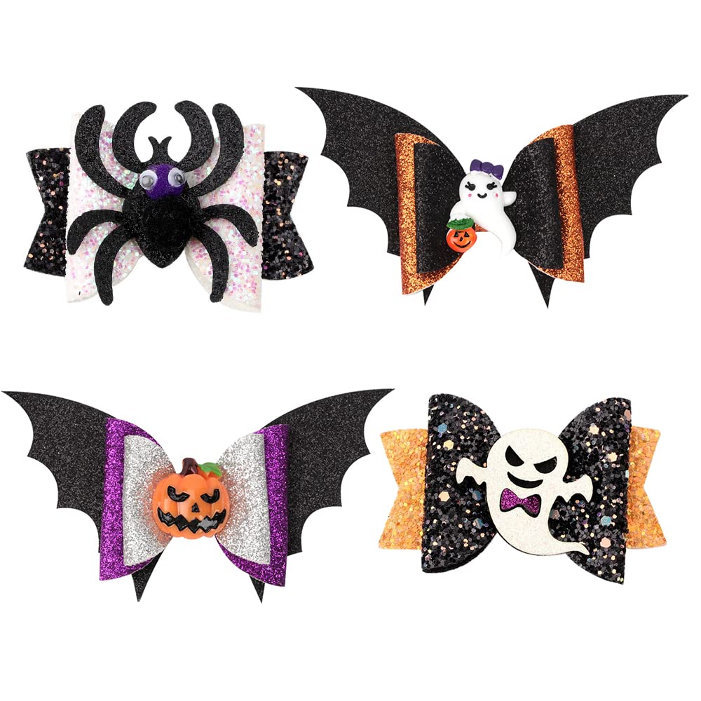 4 Pcs Halloween Hair Bows, Glittering Ghost Spider Hair Clips for Girls, Spider Hair Bows for Woman, Pumpkin Hairpins for Kids, Cartoon Halloween Hair