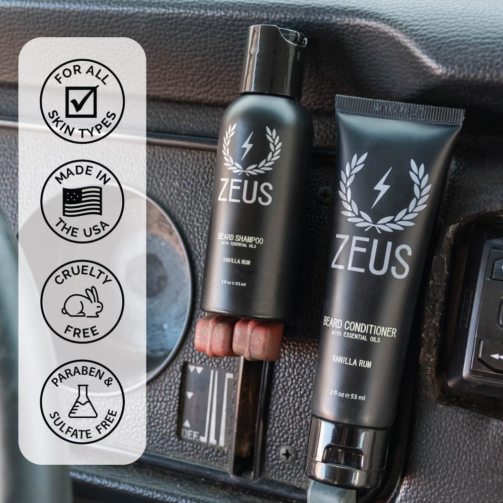 ZEUS Travel Beard Shampoo & Conditioner Combo for Men, Grooming Set with Green Tea & Essential Oils, Softens, Hydrates & Moisturizes Facial Hair (Made