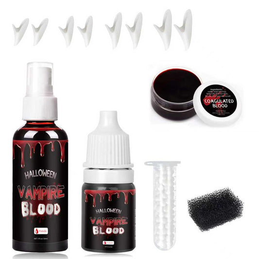 Vampire Fangs and Fake Blood Kit - 4 Pairs SFX Fake Teeth (4 Sizes) with 3 Types Blood Spray, Sticky Blood & Dripping Blood for Halloween Vampire