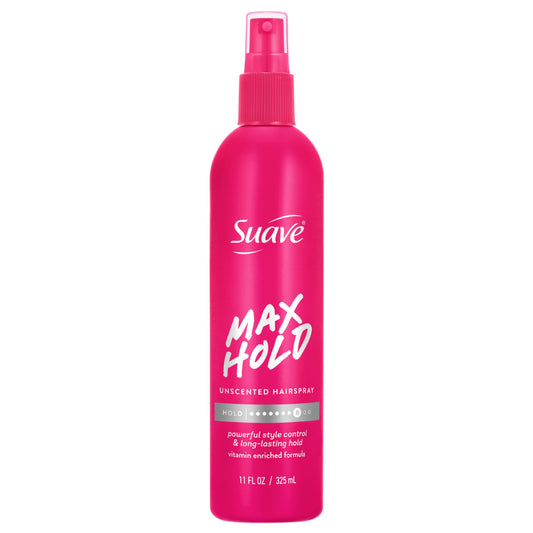 Suave Max Hold Unscented Non-Aerosol Hairspray, Strong Hold, Lightweight, Not Sticky or Stiff, For Smooth, Frizz-Free Styles, All Hair Types, 11 FL OZ