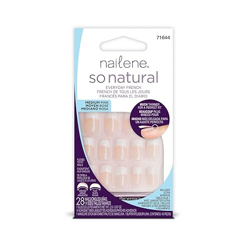 Nailene So Natural Medium Artificial Nails, Pink French - Fake Nail Kit with 28 Nails (12 Sizes) and Nail Glue Included - Designed for Comfort