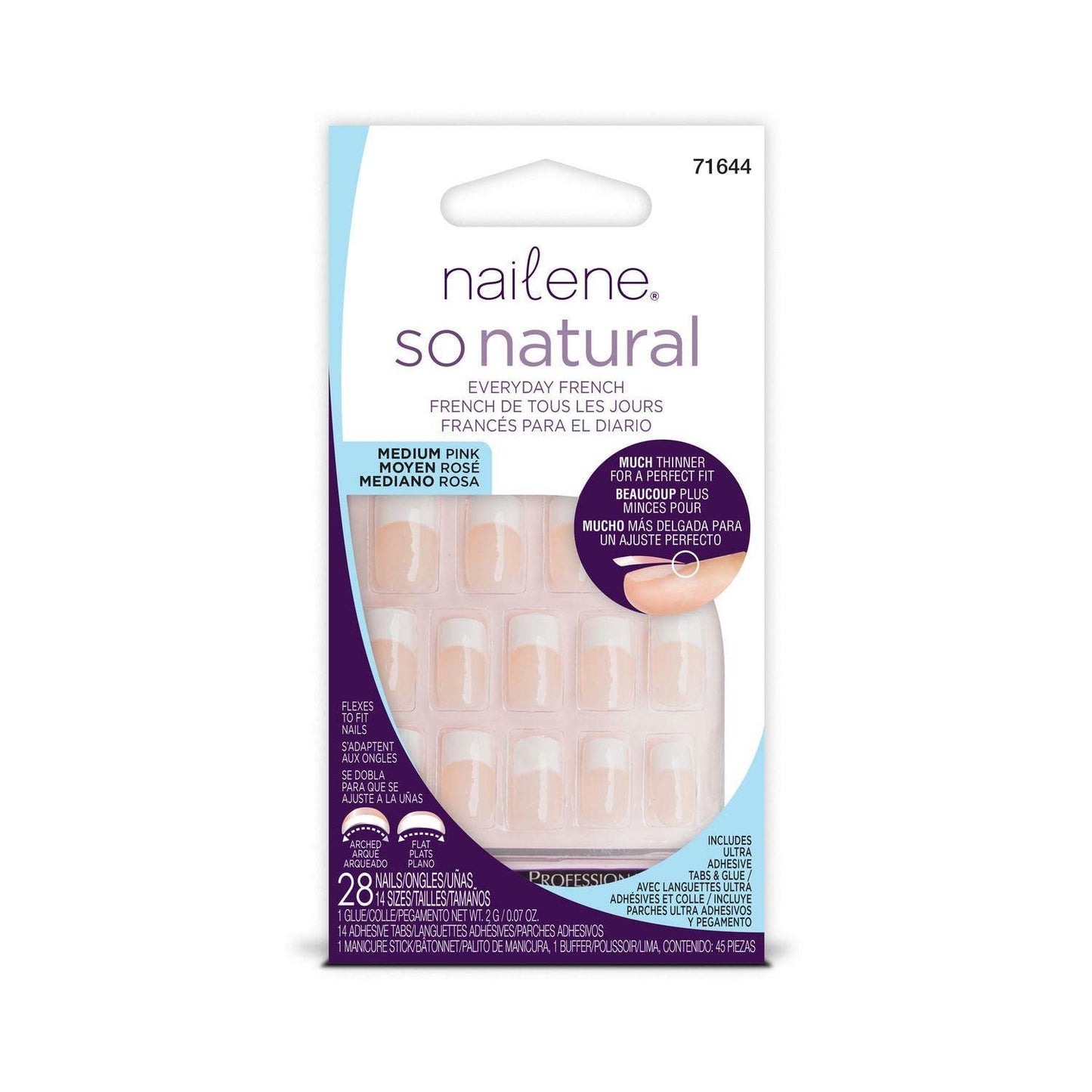 Nailene So Natural Medium Artificial Nails, Pink French - Fake Nail Kit with 28 Nails (12 Sizes) and Nail Glue Included - Designed for Comfort