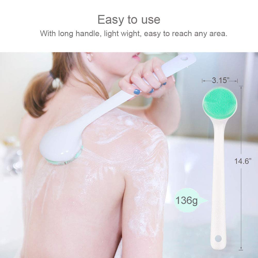 Silicone Body Scrubber Exfoliator, Back Brush Long Handle for Shower with Soft Bristles, Shower Brush Scrubber for Body Men and Women, BPA Free