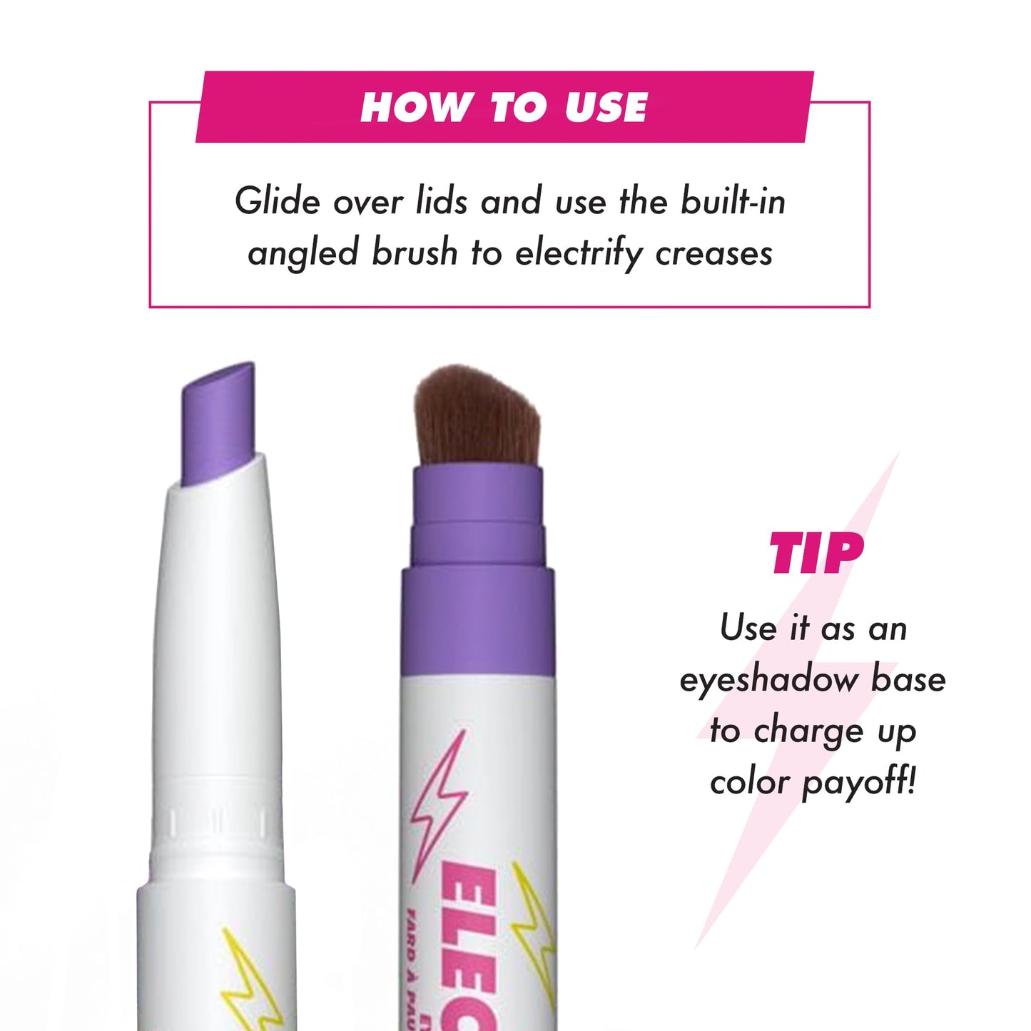 Lime Crime Electric Slide Eyeshadow & Brush Stick, LOL (Metallic Lavender) - Lightweight 2-in-1 Eyeshadow Smudge Stick with Angled Brush for Long