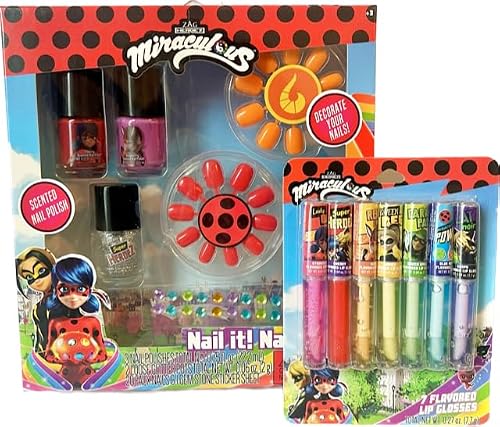 Zag Miraculous Ladybug Nail Polish Set and Lip Gloss Bundle- Includes 3 Nail Polishes, 2 Glitter Pots, 20 Faux Nails and Gemstone Sticker Sheet with 7