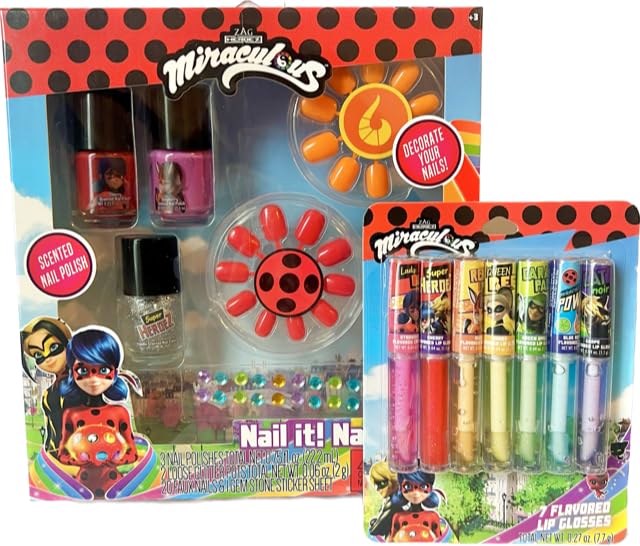 Zag Miraculous Ladybug Nail Polish Set and Lip Gloss Bundle- Includes 3 Nail Polishes, 2 Glitter Pots, 20 Faux Nails and Gemstone Sticker Sheet with 7